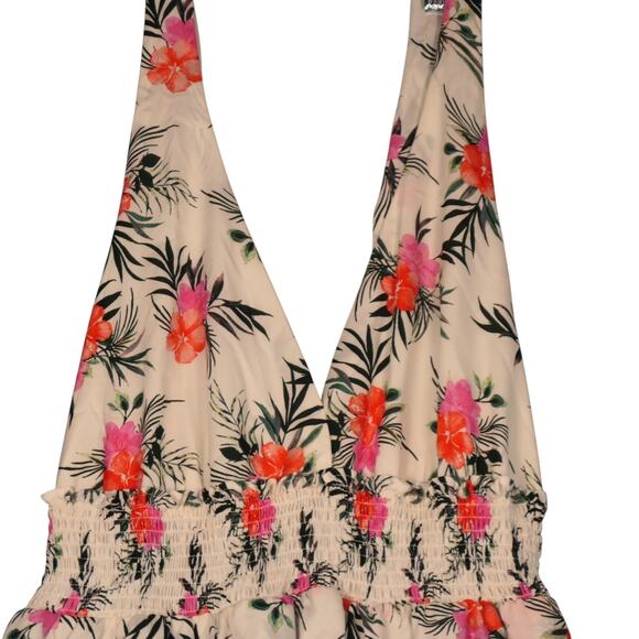 Madden NYC Floral Dress Womens XXL Ivory Deep V Smocked Waist Flirty Beachy - Picture 5 of 13